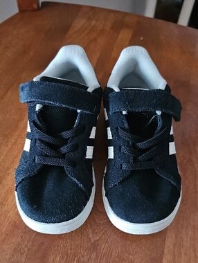 adidas Kids Black Suede Sneakers with White Stripes